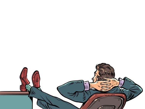 商人坐在办公室的椅子上休息 想着新的任务 工作中的老板 流行艺术复古矢量插图Kitsch复古50年代风格 — 图库矢量图片