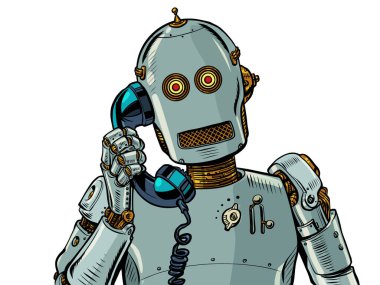 A humanoid robot speaks on an old wire telephone. Artificial intelligence answering machine. AI speech generator. Pop art retro vector illustration kitsch vintage 50s 60s style clipart