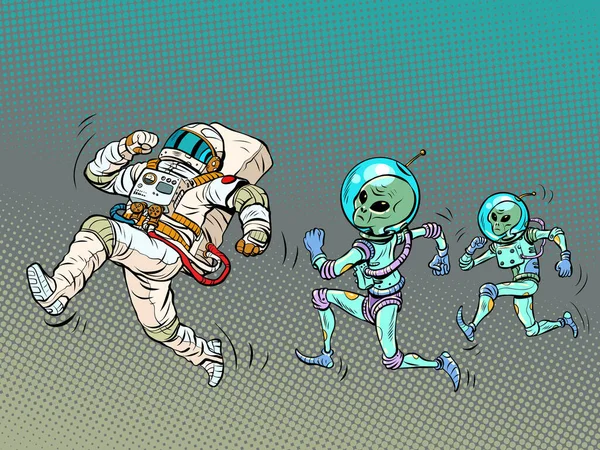 Los Alienígenas Están Persiguiendo Astronauta Secuestro Ovnis Ufología Pop Art — Vector de stock