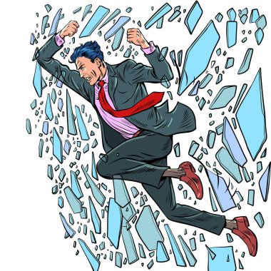 İş adamı cam yumrukluyor, panik içinde iflası protesto ediyor, pencereden düşüyor, büro görevlisi. Pop Art retro karikatür klasikleri 50 'lerin modası 60' ların tarzı