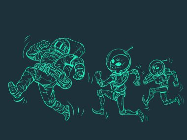 Uzaylılar bir astronotu kovalıyor. Adam kaçırma. UFO 'lar ve ufoloji. Pop Art Retro Vector İllüstrasyon Kitsch Vintage 50 'ler 60' lar Biçimi