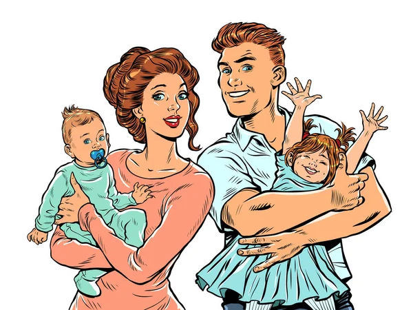 両腕に子供を持つ家族のお母さんとお父さん ポップアートレトロイラスト50年代スタイル ポップアートレトロベクトルイラストキッチュヴィンテージ50 60年代スタイル — ストックベクタ