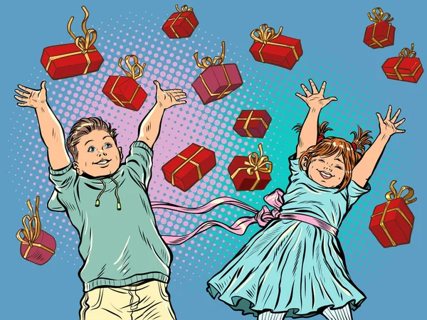 Gioioso Felice Ragazza Ragazzo Confezioni Regalo Rosse Compleanno Sfondo Natale — Vettoriale Stock