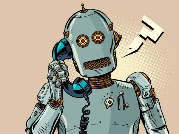人型ロボットが古い電線電話で話す 人工知能応答機 Ai発話器 ポップアートレトロベクトルイラストキッチュヴィンテージ50 60年代スタイル — ストックベクタ