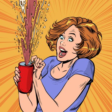 Bir kadın kola kutusu açar, gazoz köpüğü tatlı içecek. Pop art retro vektör illüstrasyonu 50 'ler 60' lar klasik klasikler