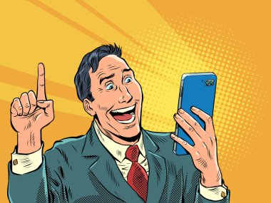 Akıllı telefonu olan bir iş adamı. Bir adam telefonda sevinçle iletişim kuruyor, internetteki görüntülü konuşma. Pop art retro vektör illüstrasyonu 50 'ler 60' lar klasik klasikler