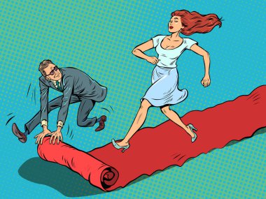 Film prömiyerindeki kırmızı halıdaki kadın kahraman. Kazanan devam eder. Pop art retro vektör illüstrasyonu 50 'ler 60' lar tarzı klasik