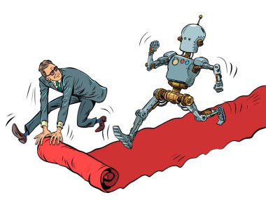Robot kahraman, film galasının kırmızı halısında. Kazanan devam eder, erkek uşaktır. Pop art retro vektör illüstrasyonu 50 'ler 60' lar tarzı klasik