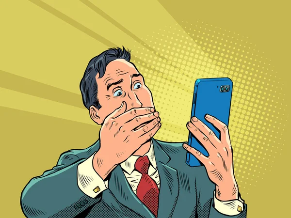 Biznesmen Smartfonem Człowiek Panice Przerażona Niespodzianka Złe Wieści Przez Telefon — Wektor stockowy