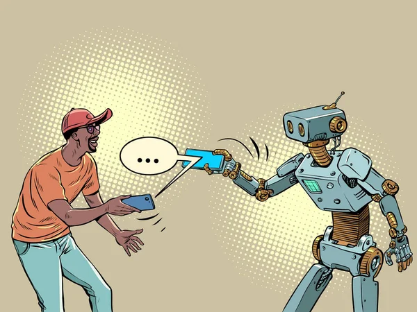 Homem Robô Comunicam Mensageiro Telefone Pop Arte Retro Vetor Ilustração — Vetor de Stock