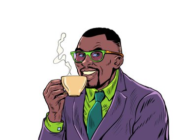 Joyful businessman drinking morning coffee. Hot drink. Cappuccino cocoa tea. Pop Art Retro Vector Illustration 50s 60s Style Kitsch Vintage Drawing