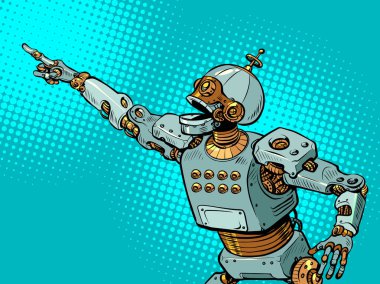 Yapay zeka robotu elleriyle işaret ediyor. Şablon reklam haber satışı. Pop sanat tarzı. Pop Art Retro Vector İllüstrasyon 50 'ler 60' lar Biçimli Kitsch Çizim