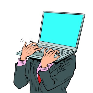 Dizüstü bilgisayarı olan bir iş adamı kafa yerine bir pop sanatçısı. Bilgisayar taşıyan elektronik bir cihaz. Ofis işleri. Pop art retro vektör illüstrasyonu 50 'ler 60' lar tarzı klasik