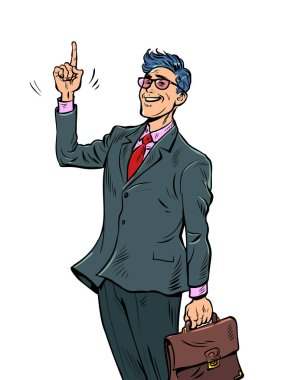 Pop Art Neşeli iş adamı parmağını kaldırdı. Güven ve liderlik. Yönlendirme retro vektör illüstrasyonu 50 'ler 60' lar stili klasik