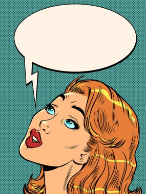 Pop-art güzel bir kadın şaşkınlıkla yukarı bakar. Kocaman bir yüz. Bayan retro vektör illüstrasyonu 50 'ler 60' lar tarzı klasik