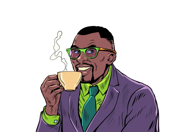 Joyful Businessman Drinking Morning Coffee Hot Drink Cappuccino Cocoa Tea — 스톡 벡터