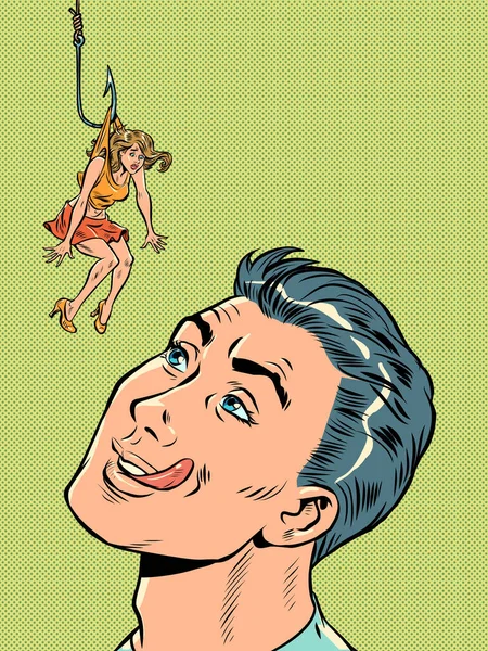 男と女の誘惑 釣針で人を罠にかける 危険な愛だ ポップアートレトロベクトルイラスト50 60年代スタイルのキッチュヴィンテージ — ストックベクタ