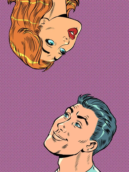 Pop Art Handsome Man Woman Look Each Other Surprise Large — Stock Vector