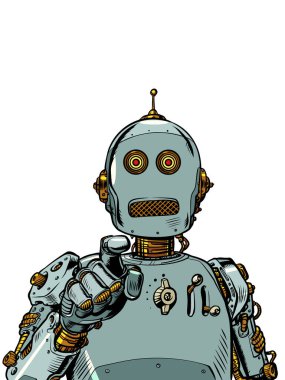 Robot parmağıyla işaret ediyor. Yapay zeka yüz ve insan tanıma. Yapay zeka kimliği. Pop art retro vektör illüstrasyon klasikleri 50 'lerin 60' ların tarzı