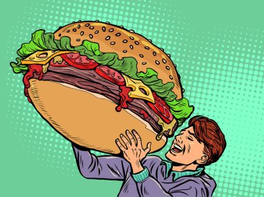 Neşeli bir adam ve kocaman bir hamburger. Sokak yemekleri fast food. Aç Adam Mutluluk Olumlu Gülümseme. Pop Art retro karikatür klasikleri 50 'lerin modası 60' ların tarzı