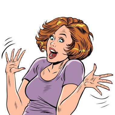 Neşeli kadın şaşırdı. Gülümseyen güzel bir kız, elleri ayrık. Pop art retro vektör illüstrasyonu 50 'ler 60' lar klasik klasikler