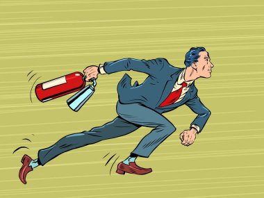 Elinde yangın söndürücü olan bir işadamı yangını söndürmeye hazırlanıyor. Son derece tehlikeli bir olay. Ateşe karşı savaş. Pop art retro vektör illüstrasyonu 50 'ler 60' lar tarzı klasik