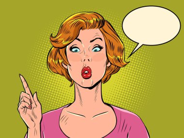 Popüler sanatlar, işaret parmağıyla yön gösteren kadını şaşırttı. Dikkat dedikodu haberleri. Pop art retro vektör illüstrasyonu 50 'ler 60' lar tarzı klasik
