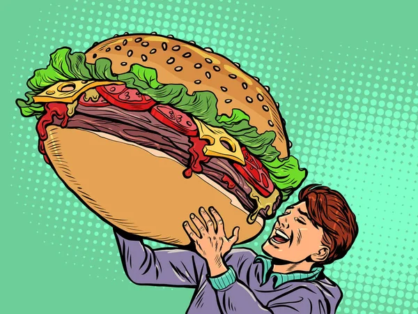 Fröhlicher Mann Und Ein Riesiger Burger Streetfood Fast Food Hungriger — Stockvektor