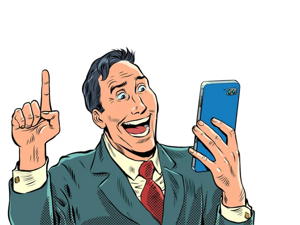 Uomo Affari Con Uno Smartphone Uomo Comunica Gioiosamente Telefono Chat — Vettoriale Stock