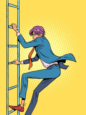 A man in a suit climbs or descends a ladder. Career ladder requires work and effort. Striving to reach your goal. Pop Art Retro Vector Illustration Kitsch Vintage 50s 60s Style