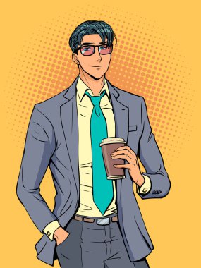 A man in glasses and a suit stands and holds a cup of coffee with his hand. Successful and happy employee of the company. Pop Art Retro Vector Illustration Kitsch Vintage 50s 60s Style