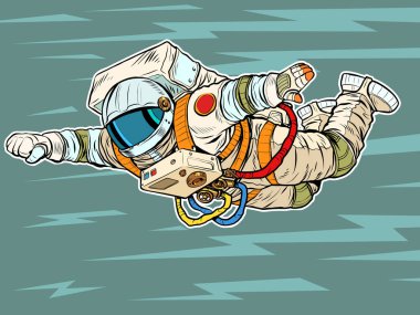Uzay giysisi içindeki bir astronot bir süper kahraman gibi öne doğru uçuyor. Ağırlıksızlık. Pop art retro vektör illüstrasyonu 50 'ler 60' lar tarzı klasik