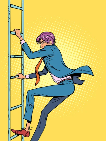 スーツを着た男がはしごを登ったり下ったりする キャリアのはしごは仕事と努力が必要です あなたの目標に到達するために努力 ポップアートレトロベクトルイラスト Kitsch Vintage Style — ストックベクタ