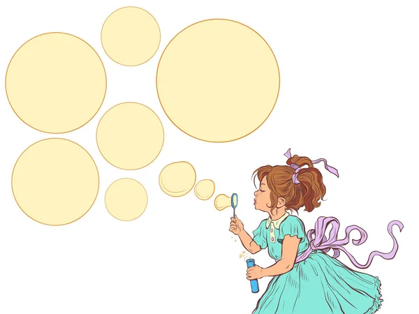 Маленькая Девочка Синем Платье Делает Мыльные Пузыри Несколько Предложений Услуг — стоковый вектор