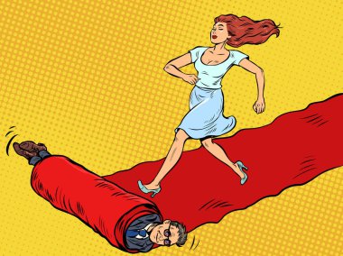 Film prömiyerindeki kırmızı halıdaki kadın kahraman. Kazanan devam eder. Pop art retro vektör illüstrasyonu 50 'ler 60' lar tarzı klasik