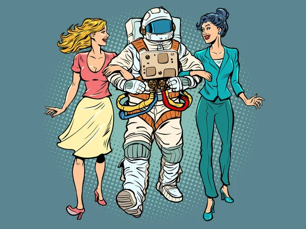 Date Astronaut Two Girls Unconventional Marriage Friends Walking Pop Art — стоковый вектор