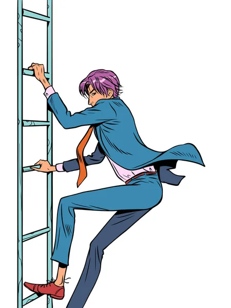 Man Suit Climbs Descends Ladder Career Ladder Requires Work Effort — Stock vektor