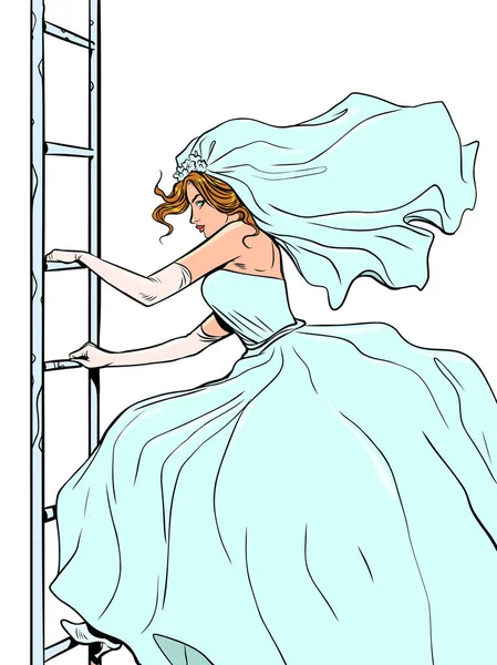 Bride Goes Stairs Escape Prejudice Desire Move Forward Self Development — Stock Vector