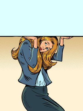 Ofis çalışanlarına baskı. Hizmet teklifleri, çok çalışanlar için mallar. Düzgün bir ofis hanımı yukarıdan bir afiş tutuyor. Pop Art Retro Vector İllüstrasyon Kitsch Vintage 50 'ler 60' lar Biçimi