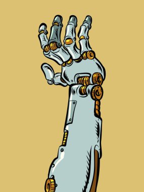 Yapay zeka tüm iş dallarına ulaşıyor. Teknolojinin, robotların ve tıbbın gelişimi, protez. Mekanik el. Pop Art Retro Vector İllüstrasyon Kitsch Vintage 50 'ler 60' lar