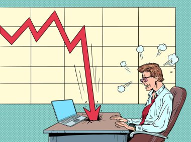 Kriz performansı kötüleştiriyor. Kırmızı grafik aşağı düşüyor. Fiyatların düşüşü, yatırımlar ve hisse senetleri. Dizüstü bilgisayardaki adam grafikteki düşüşe bakıyor. Pop Art Retro Vektörü
