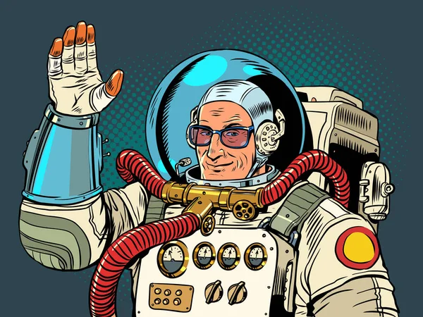 Olá Espaço Astronauta Óculos Sorri Acena Mão Publicidade Internacional Pop —  Vetores de Stock