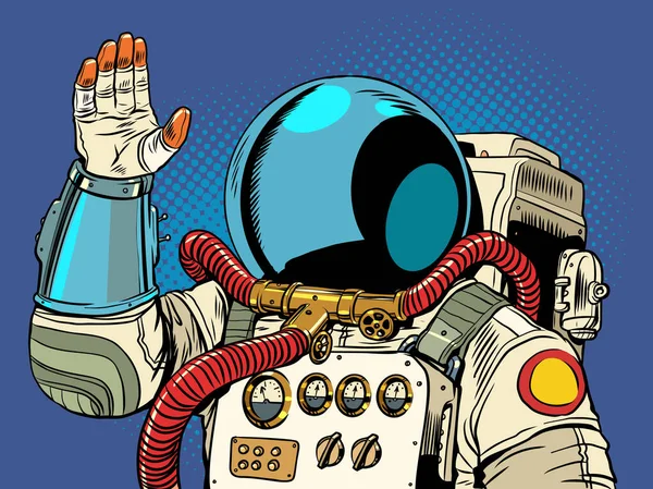 宇宙探査が近づいています 宇宙飛行士は手を振る 銀河間のすべての栄光のスーツ ポップアートレトロベクトルイラスト Kitsch Vintage Style — ストックベクタ