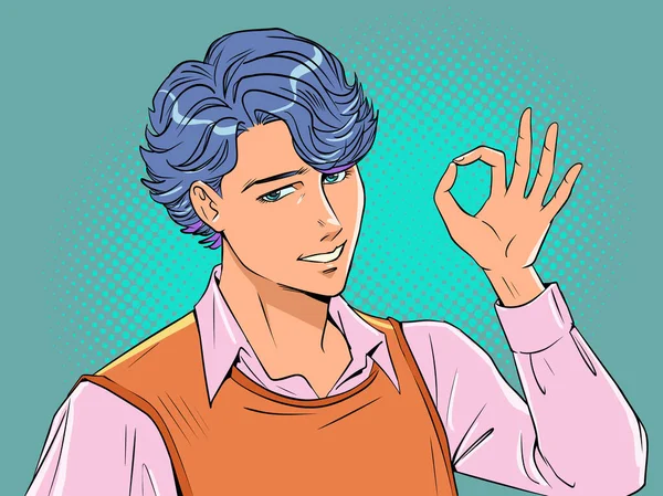 Принятие Предложения Nice Anime Guy Showing Sign Отличная Рабочая Атмосфера — стоковый вектор