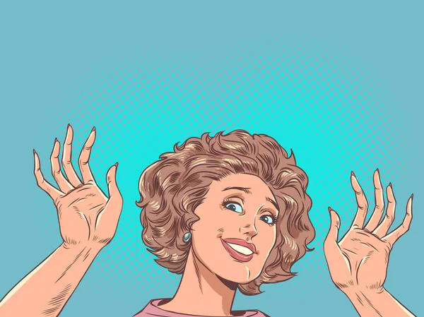 今後のプロモーション お知らせや割引から喜び ボディプロダクトの広告 少女は笑顔で手を見せる ポップアートレトロベクトルイラスト Kitsch Vintage Style — ストックベクタ
