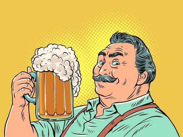 Ausgezeichneter Alkohol Qualitätsbier Mit Viel Schaum Ein Mann Mit Schnurrbart — Stockvektor