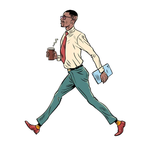 Die Morgendliche Arbeitsroutine Eines Büroangestellten Afroamerikanische Geschäftsleute Gehen Zur Arbeit — Stockvektor