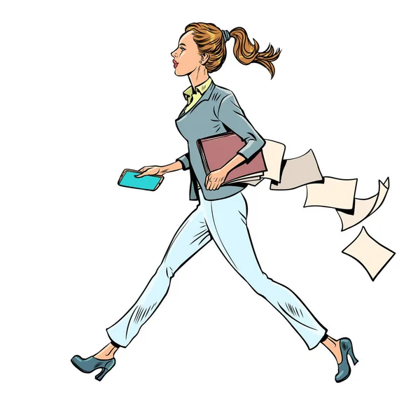 サラリーマンの朝の仕事のルーティン スーツを着た女の子は仕事や会議に行くために急いでいる と彼女は周りに横たわっている文書から論文を持っています ポップアートレトロベクトルイラスト Kitsch Vintage — ストックベクタ