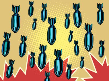 Saldırı taarruz savaşını bombalamak. Askeri ekipman. Gökten birçok bomba düşüyor. Pop Art Retro Vector İllüstrasyon Kitsch Vintage 50 'ler 60' lar Biçimi