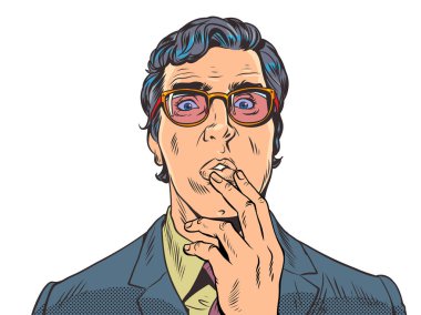 Kararla ilgili endişe ve endişe. Çekici bir adam düşüncelidir ve elini tutar. Takım elbiseli ve gözlüklü bir adam şaşırır, şaşırır. Pop Art Retro Vector İllüstrasyon Kitsch Vintage 50 'ler 60' lar